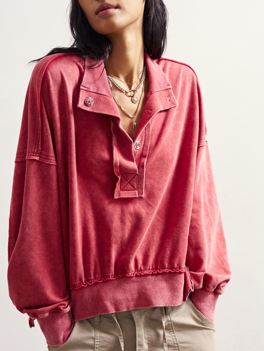 Bohemela Casual Retro Grunge Streetwear Solid Color Knit Long Sleeve Loose Fit Women's Sweatshirt Travel Rose Red Autumn Everyday School Everyday School - Red - View 1