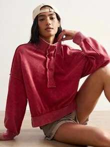Bohemela Casual Retro Grunge Streetwear Solid Color Knit Long Sleeve Loose Fit Women's Sweatshirt Travel Rose Red Autumn Everyday School Everyday School - Red - View 5