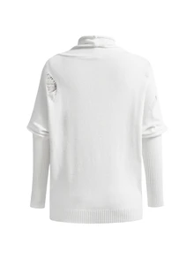 ROMWE Grunge Punk Women's White Letter Print Cowl Neck Batwing Sleeve Boho Style Sweater - White - View 3