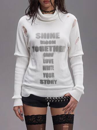 Grunge Punk Suéter de mujer blanco con estampado de letras, cuello drapeado y mangas murciélago estilo boho