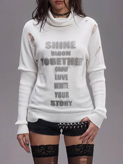 Grunge Punk Women's White Letter Print Cowl Neck Batwing Sleeve Boho Style Sweater