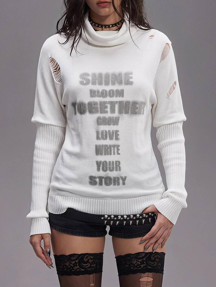 ROMWE Grunge Punk Women's White Letter Print Cowl Neck Batwing Sleeve Boho Style Sweater - White - View 1