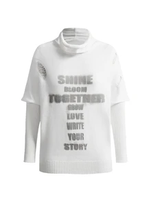 ROMWE Grunge Punk Women's White Letter Print Cowl Neck Batwing Sleeve Boho Style Sweater - White - View 5