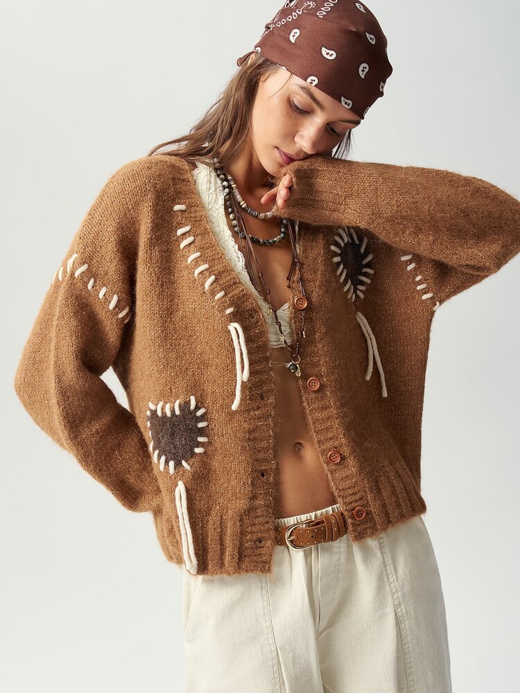 Bohemela Brown Drop Shoulder Cardigan Brunch Autumn Boho Brunch Vacation - Khaki - View 6