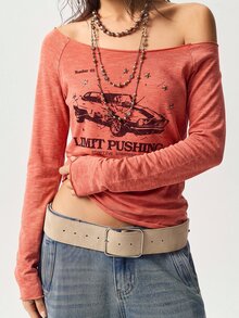 Bohemela Women's Letter & Car Print Boat Neck Raglan Long Sleeve Casual T-Shirt - Burgundy - View 6