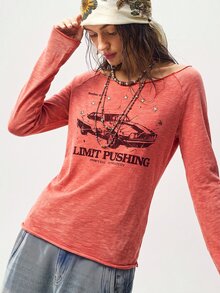 Bohemela Women's Letter & Car Print Boat Neck Raglan Long Sleeve Casual T-Shirt - Burgundy - View 1