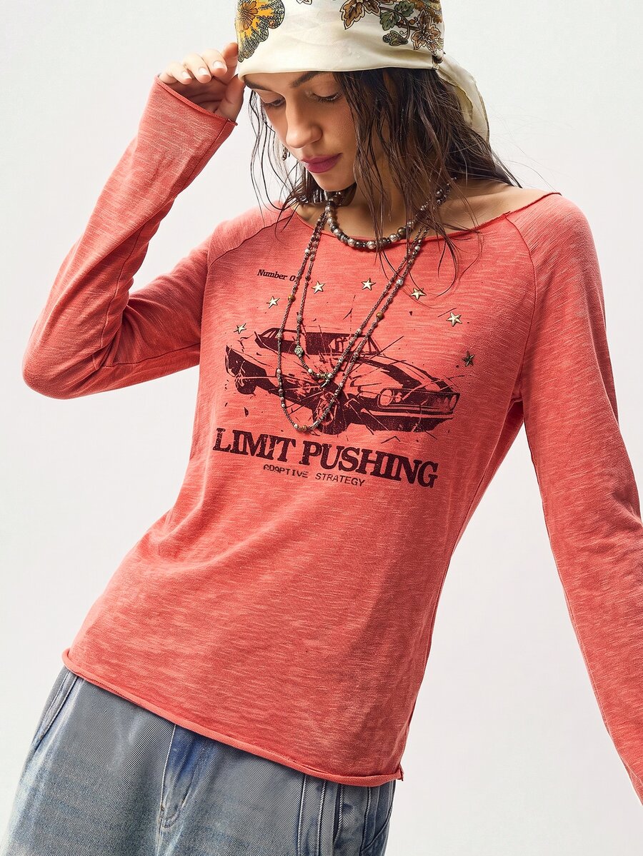 Bohemela Women's Letter & Car Print Boat Neck Raglan Long Sleeve Casual T-Shirt - Burgundy - View 1