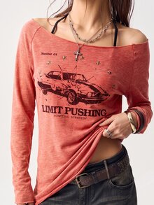 Bohemela Women's Letter & Car Print Boat Neck Raglan Long Sleeve Casual T-Shirt - Burgundy - View 3