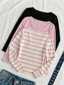 Comfortcana Women's Square-Neck Long-Sleeve Casual Versatile T-Shirts (3-Pack) - Multicolor - View 2