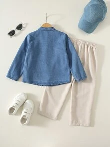SHEIN 2件組男童休閒立領牛仔襯衫與白色杏色長褲套裝，牛仔套裝，男孩穿搭 - 彩色 - 查看 2
