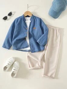 SHEIN 2件組男童休閒立領牛仔襯衫與白色杏色長褲套裝，牛仔套裝，男孩穿搭 - 彩色 - 查看 8