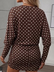 SHEIN LUNE 女款休閒長袖蝙蝠袖抽褶下擺短洋裝，秋冬款 - 彩色 - 查看 2