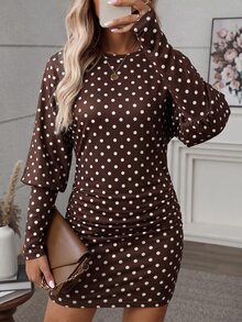 SHEIN LUNE 女款休閒長袖蝙蝠袖抽褶下擺短洋裝，秋冬款 - 彩色 - 查看 1