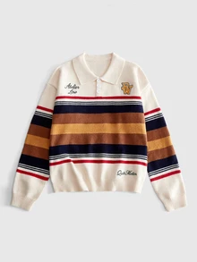ROMWE MEN Fashion Striped Embroidered Patch Polo Collar Long Sleeve - Multicolor - View 1