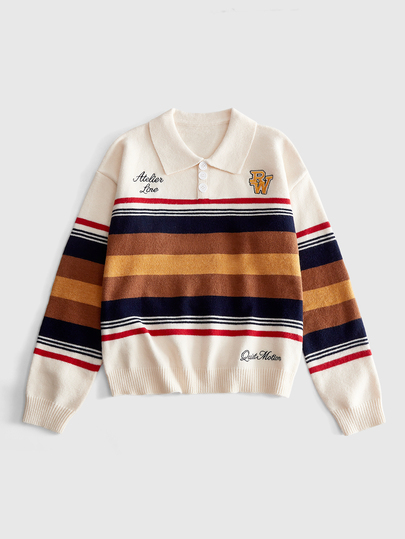 Polo a maniche lunghe con colletto, toppe ricamate a righe alla moda