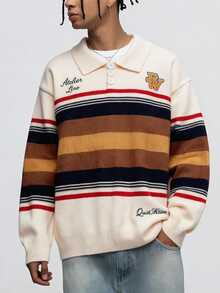 ROMWE MEN Fashion Striped Embroidered Patch Polo Collar Long Sleeve - Multicolor - View 5