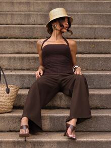 Gabi Correa Women's Pocket Button Casual Versatile Daily Wear Wide Leg Jeans - Brown - View 6