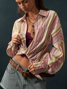 Bohemela Women's Striped Drop Shoulder Long Sleeve Pocket Casual Shirt - Multicolor - View 3