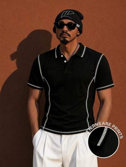 Neovey Men's Summer Outing Top, Line Print Pattern, Pattern Design, Premium Feel, Standard Size POLO Shirt, Classic Black Series, Office Wear, Casual Business Style, Outdoor, Commuter Style