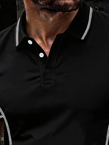 Neovey 男士夏季休閒上衣，線條印花圖案，圖案設計，高級質感，標準尺寸 POLO 衫，經典黑色系列，辦公穿搭，休閒商務風，戶外，通勤風格 - 彩色 - 查看 3
