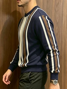Neovey 男士拼色條紋套頭運動衫 - 杏色 - 查看 3