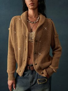 Bohemela Women's Solid Color Long Sleeve Single-Breasted Casual Knit Cardigan - Camel - View 5