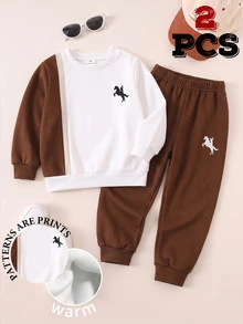 SHEIN 2pcs Young Boys Sweatshirt & Pants Set Retro Brown White Stripe Horse Print Long Sleeve Crew Neck Fleece Fall Winter School Sets - Multicolor - View 5