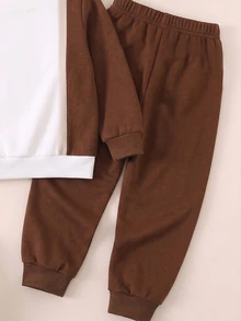 SHEIN 2pcs Young Boys Sweatshirt & Pants Set Retro Brown White Stripe Horse Print Long Sleeve Crew Neck Fleece Fall Winter School Sets - Multicolor - View 4