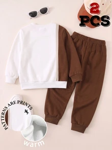 SHEIN 2pcs Young Boys Sweatshirt & Pants Set Retro Brown White Stripe Horse Print Long Sleeve Crew Neck Fleece Fall Winter School Sets - Multicolor - View 2