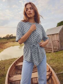 Aralina Women Winter Polka Dot Jersey Top Drawstring Tie Ruched Cinched Waist Crew Neck Grey Marl & Black Feminine Fall Autumn Winter Holiday Casual - Grey - View 1