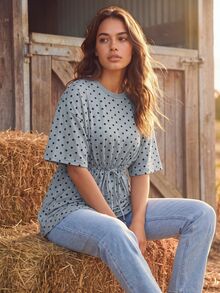 Aralina Women Winter Polka Dot Jersey Top Drawstring Tie Ruched Cinched Waist Crew Neck Grey Marl & Black Feminine Fall Autumn Winter Holiday Casual - Grey - View 4