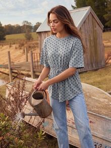 Aralina Women Winter Polka Dot Jersey Top Drawstring Tie Ruched Cinched Waist Crew Neck Grey Marl & Black Feminine Fall Autumn Winter Holiday Casual - Grey - View 3
