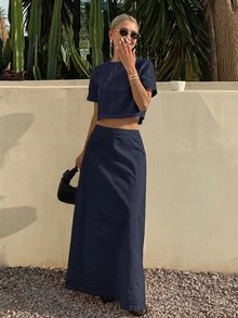 Livesso 春夏蓝色露脐上衣和A字迷你裙套装，优雅休闲度假沙滩装，女士必备 - 黑色 - 查看 3