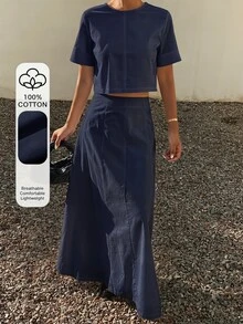 Livesso 春夏蓝色露脐上衣和A字迷你裙套装，优雅休闲度假沙滩装，女士必备 - 黑色 - 查看 6