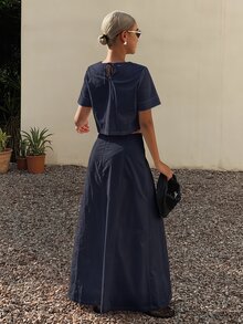 Livesso 春夏蓝色露脐上衣和A字迷你裙套装，优雅休闲度假沙滩装，女士必备 - 黑色 - 查看 4