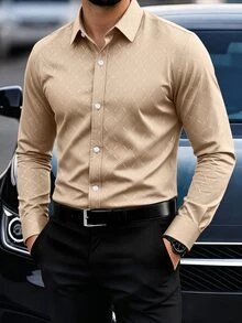 Calvornis Men's Button Down Long Sleeve Slim Fit Business Formal Dress Shirt,Long Men Style Shirts For Fitted Casual Fall, Ceremony - Khaki - View 1