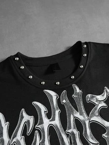ROMWE MEN Men's Rivet Decor Character Print Pattern Tank Top T-Shirt Patchwork Loose Fit 2 In 1 T-Shirt - Black - View 7