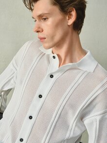 Claim Dot 男士 Polo 領慵懶風長袖針織開襟開衫毛衣，休閒秋冬款白色寬鬆百搭直條紋鏤空開襟衫 - 白色 - 查看 8