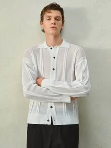 Claim Dot 男士 Polo 領慵懶風長袖針織開襟開衫毛衣，休閒秋冬款白色寬鬆百搭直條紋鏤空開襟衫 - 白色 - 查看 7