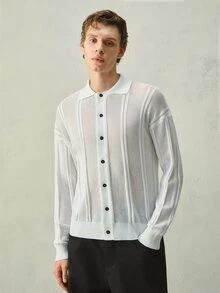 Claim Dot 男士 Polo 領慵懶風長袖針織開襟開衫毛衣，休閒秋冬款白色寬鬆百搭直條紋鏤空開襟衫 - 白色 - 查看 4