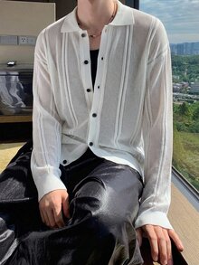Claim Dot 男士 Polo 領慵懶風長袖針織開襟開衫毛衣，休閒秋冬款白色寬鬆百搭直條紋鏤空開襟衫 - 白色 - 查看 2