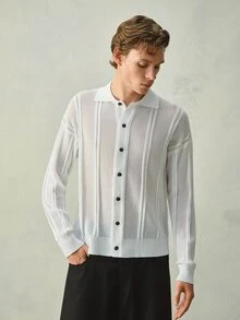 Claim Dot 男士 Polo 領慵懶風長袖針織開襟開衫毛衣，休閒秋冬款白色寬鬆百搭直條紋鏤空開襟衫 - 白色 - 查看 5