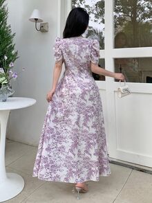 Modelyn Women's Fitted Fall White Long Dress With Cross Neckline Decor, Pearl Button And Puff Sleeves - Purple - View 2