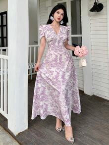 Modelyn Women's Fitted Fall White Long Dress With Cross Neckline Decor, Pearl Button And Puff Sleeves - Purple - View 7
