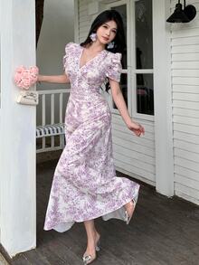 Modelyn Women's Fitted Fall White Long Dress With Cross Neckline Decor, Pearl Button And Puff Sleeves - Purple - View 6