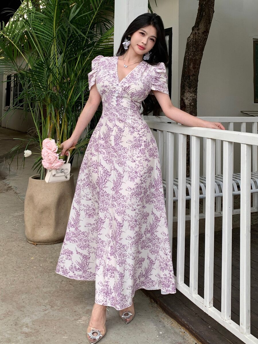 Modelyn Women's Fitted Fall White Long Dress With Cross Neckline Decor, Pearl Button And Puff Sleeves - Purple - View 1