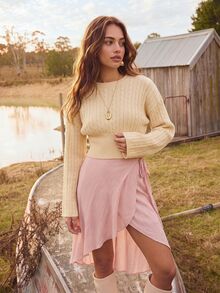 Aralina Women Soft Sinched Waist Stretchy Cable Knit Pattern Crew Neck Long Sleeve Fitted Going Out Party Birthday Sweater - Apricot - View 8