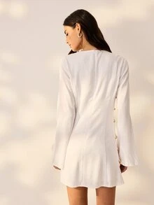 Aralina Women's Chic White Keyhole Neck Long Flare Sleeve Button-Accented Mini Dress Perfect For A Fall Party Or Going Out Event Dress - White - View 2