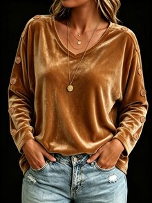 Weeklong Plus Size Women's Autumn/Winter Caramel Gold Velvet Long Sleeve Top, V-Neck Side Metal Button Loose Drape T-Shirt, Minimalist Luxury Style, Suitable For Commuting, Daily Wear, Party Layering - Brown - View 4