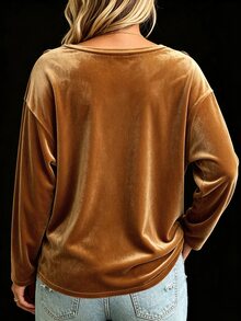 Weeklong Plus Size Women's Autumn/Winter Caramel Gold Velvet Long Sleeve Top, V-Neck Side Metal Button Loose Drape T-Shirt, Minimalist Luxury Style, Suitable For Commuting, Daily Wear, Party Layering - Brown - View 5